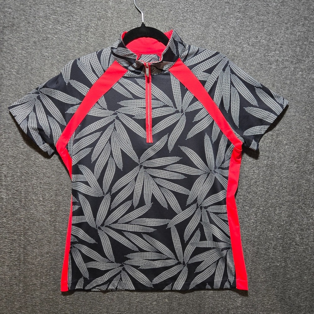 Tail Womens Sz Medium Golf Tennis Top Black Coral Red Leaf Print Quarter Zip